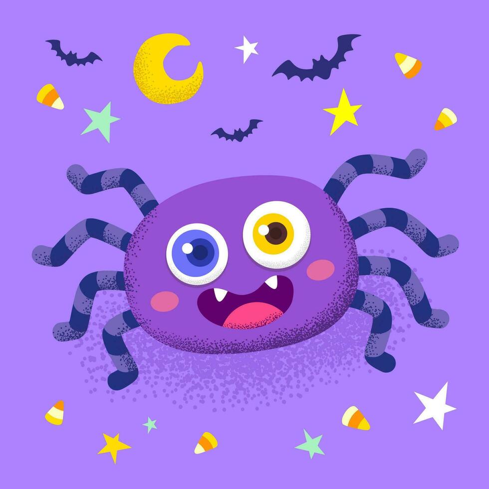 schattig tekenfilm spin Aan Purper achtergrond. vector illustratie voor halloween