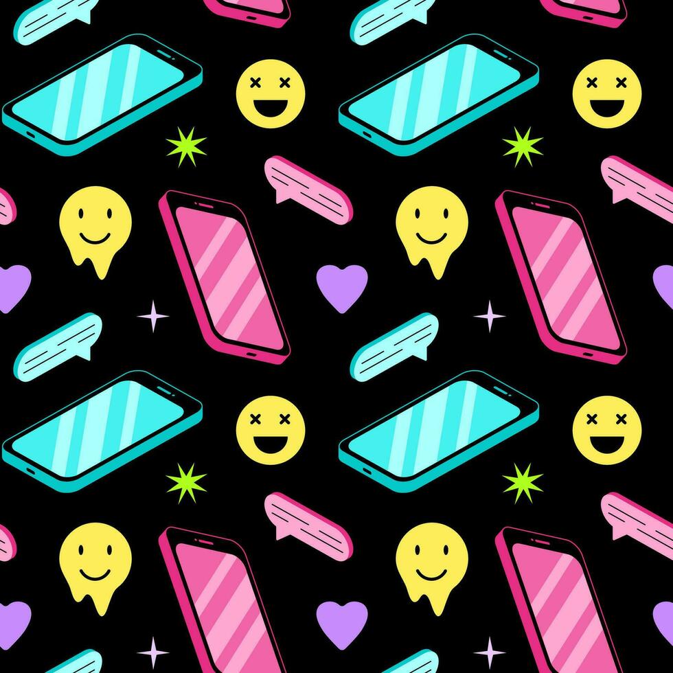 naadloos patroon met mobiel telefoons. vector illustratie van modern gadgets, glimlachen gezichten en meetkundig vormen. achtergrond ontwerp voor modieus tiener- afdrukken.