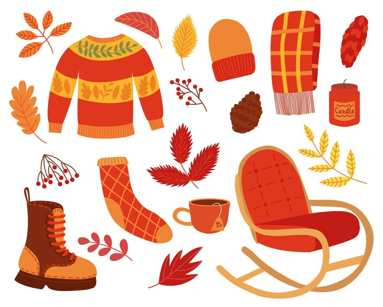 herfst knus klem kunst vector set. schommelen stoel, trui, laars, hoed, sjaal, sok, thee beker, kaars, herfst bladeren