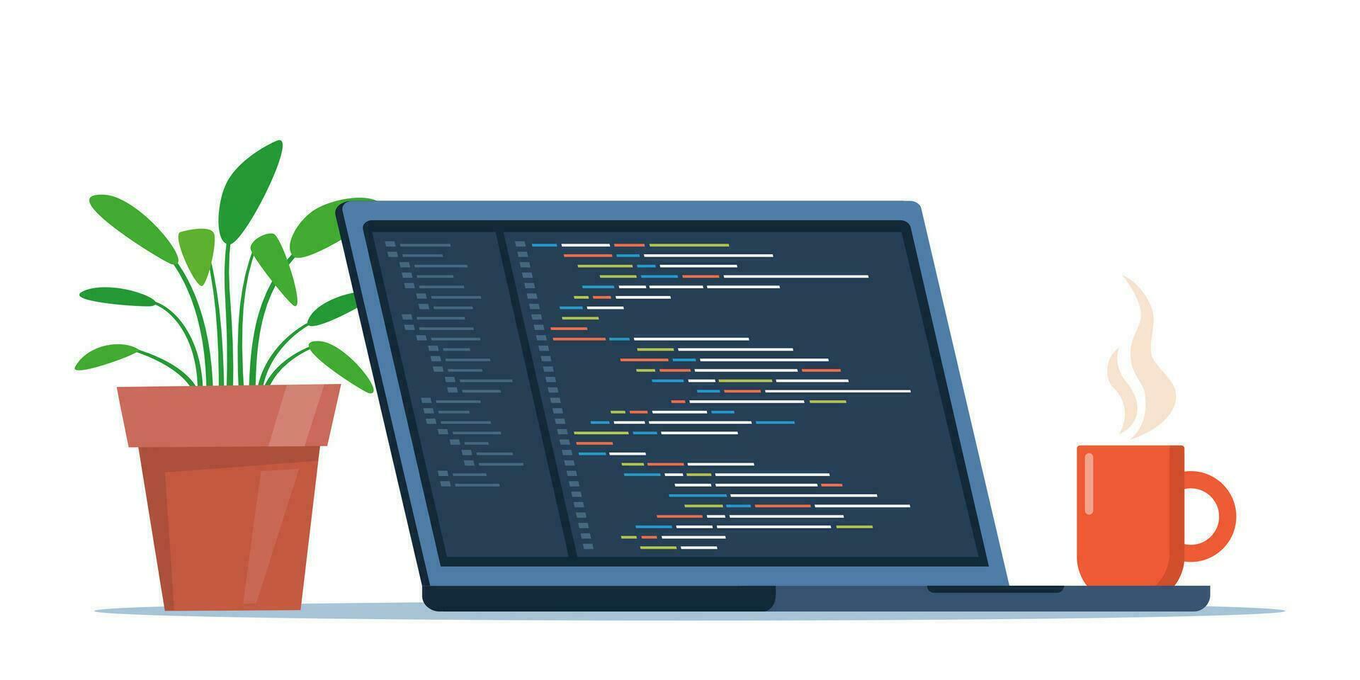 laptop met kop van koffie en fabriek in pot. werkplaats van codeur, online programmeur. codering en programmeren, ontwikkelen sites gebruik makend van speciaal taal. vector illustratie.