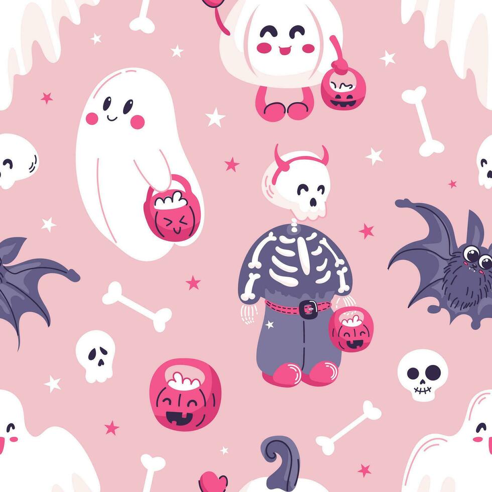 halloween naadloos patroon. schattig tekenfilm tekens in roze kleuren. baby skelet, pompoen, geesten bedelen voor snoepgoed. voor behang, het drukken Aan kleding stof, inpakken, achtergrond. vector