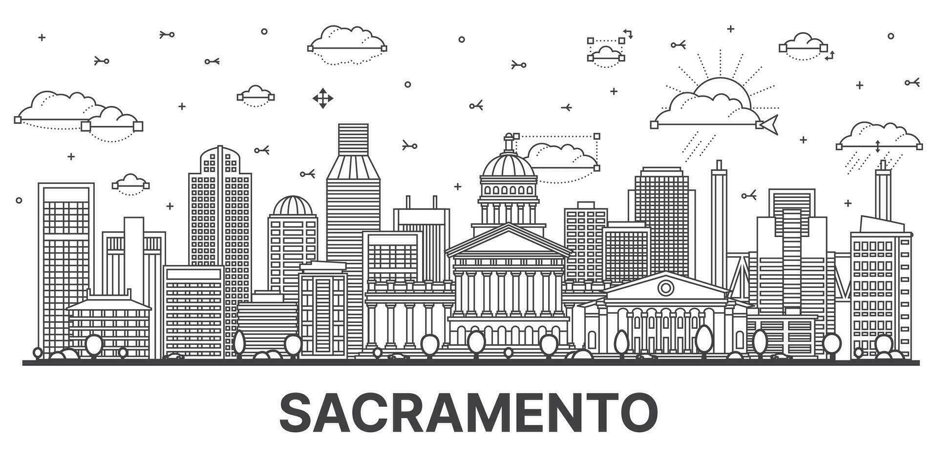 schets sacramento Californië stad horizon met modern en historisch gebouwen geïsoleerd Aan wit. vector illustratie. sacramento Verenigde Staten van Amerika stadsgezicht met oriëntatiepunten.