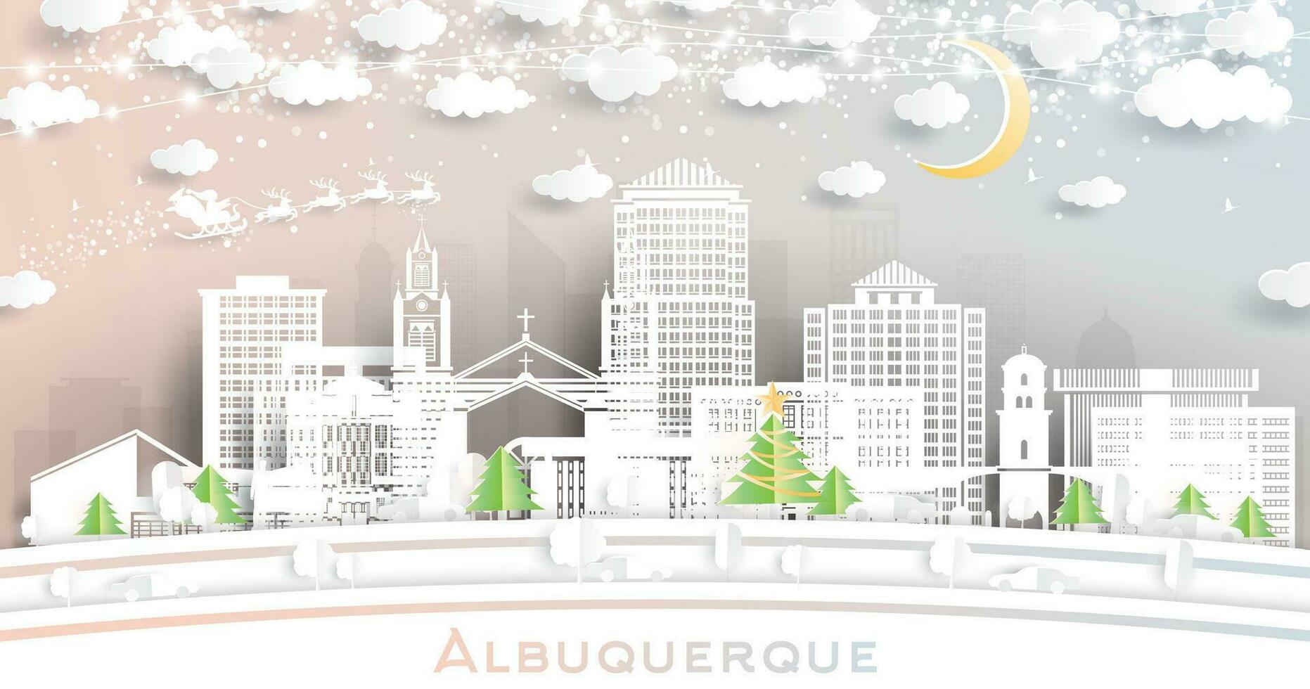 Albuquerque nieuw Mexico Verenigde Staten van Amerika. winter stad horizon in papier besnoeiing stijl met sneeuwvlokken, maan en neon guirlande. Kerstmis en nieuw jaar concept. Albuquerque stadsgezicht met oriëntatiepunten. vector