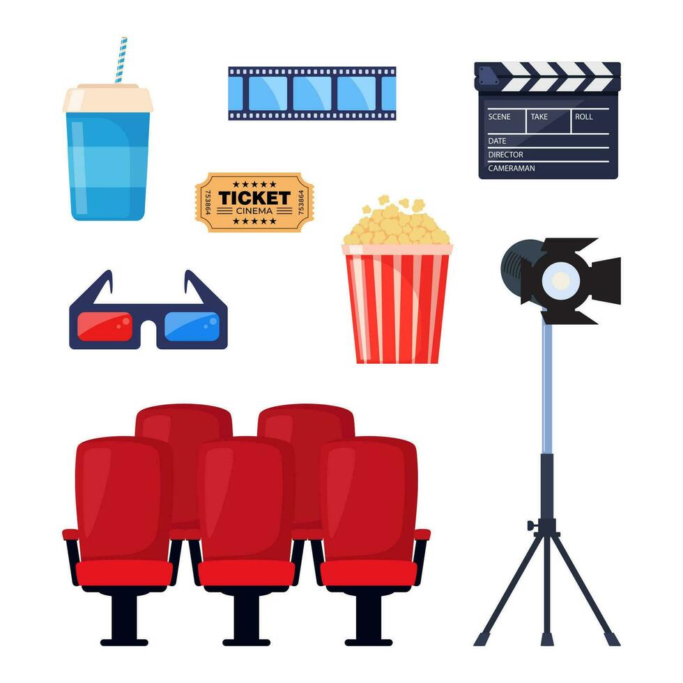 bioscoop elementen. kaartjes, popcorn emmer, 3d bril, filmklapper, montage plakband, video camera. vector illustratie voor bioscoop theater, film industrie, show, film maken concept. vector illustratie.
