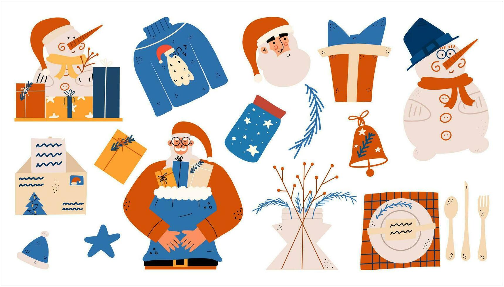 groot nieuw jaar reeks van elementen in hand getekend stijl. de kerstman claus, sneeuwman, tafel instelling, envelop, geschenk, klok. vector illustratie