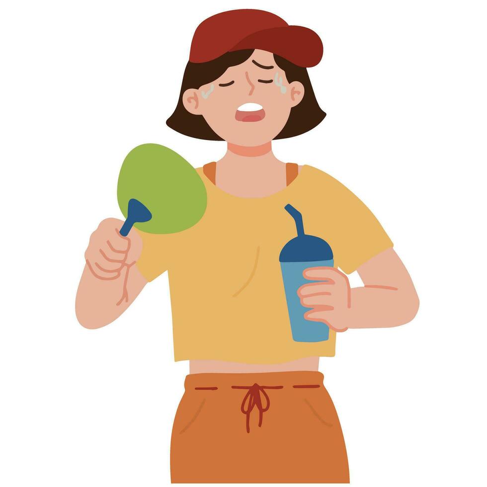 portret jong vrouw gaan picknick in zomer gevoel heet brengen tuimelaar en hand- ventilator illustratie vector