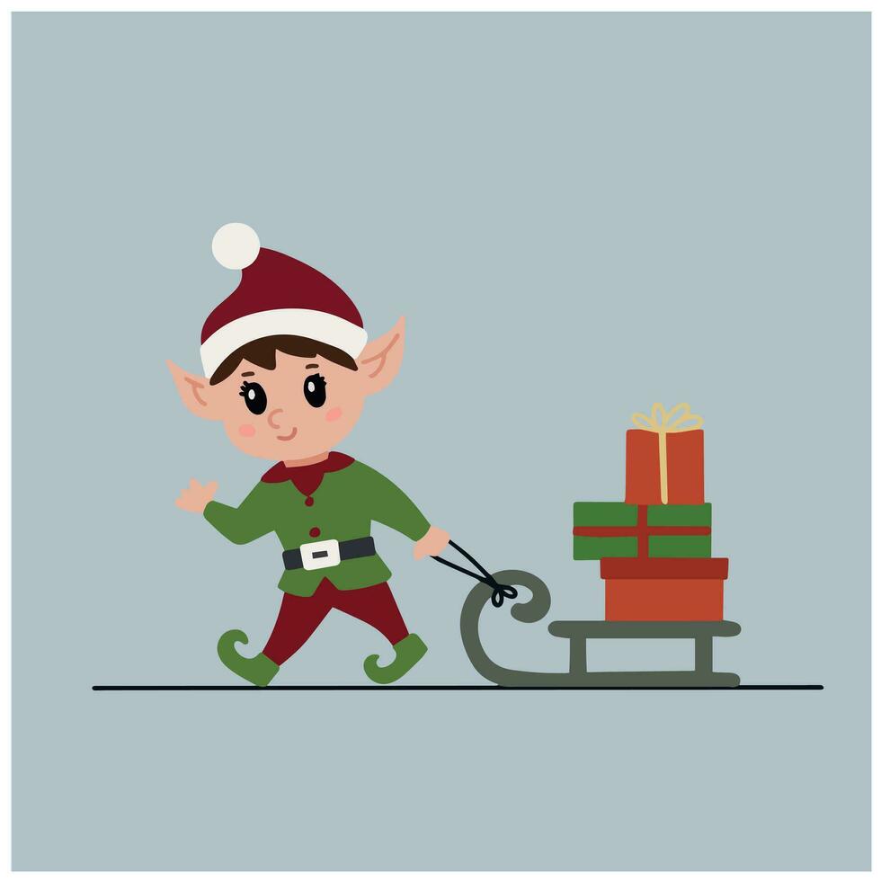 Kerstmis elf karakter trekt een slee met cadeaus sinterklaas helper illustratie vector