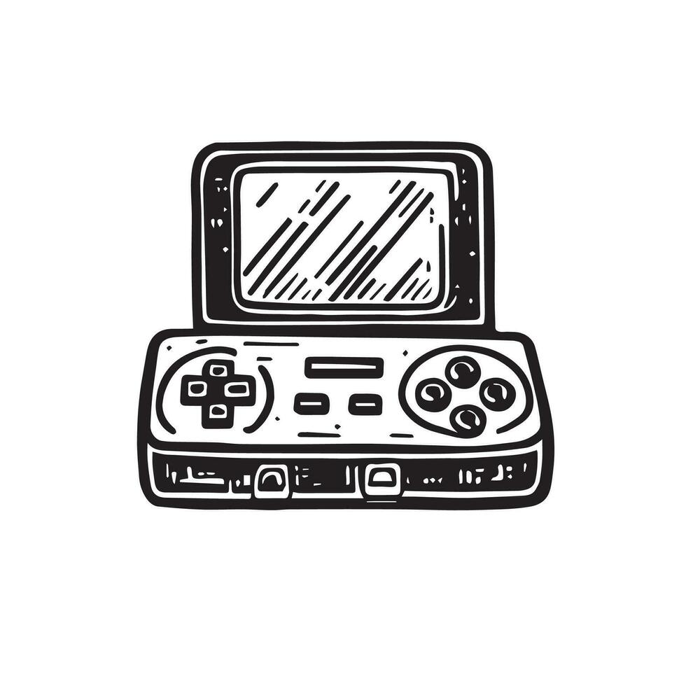 herontdekken de magie van gaming met deze zwart en wit tekening van een wijnoogst spel troosten. tijdloos pret wacht met elke pixel avontuur. vector illustratie.