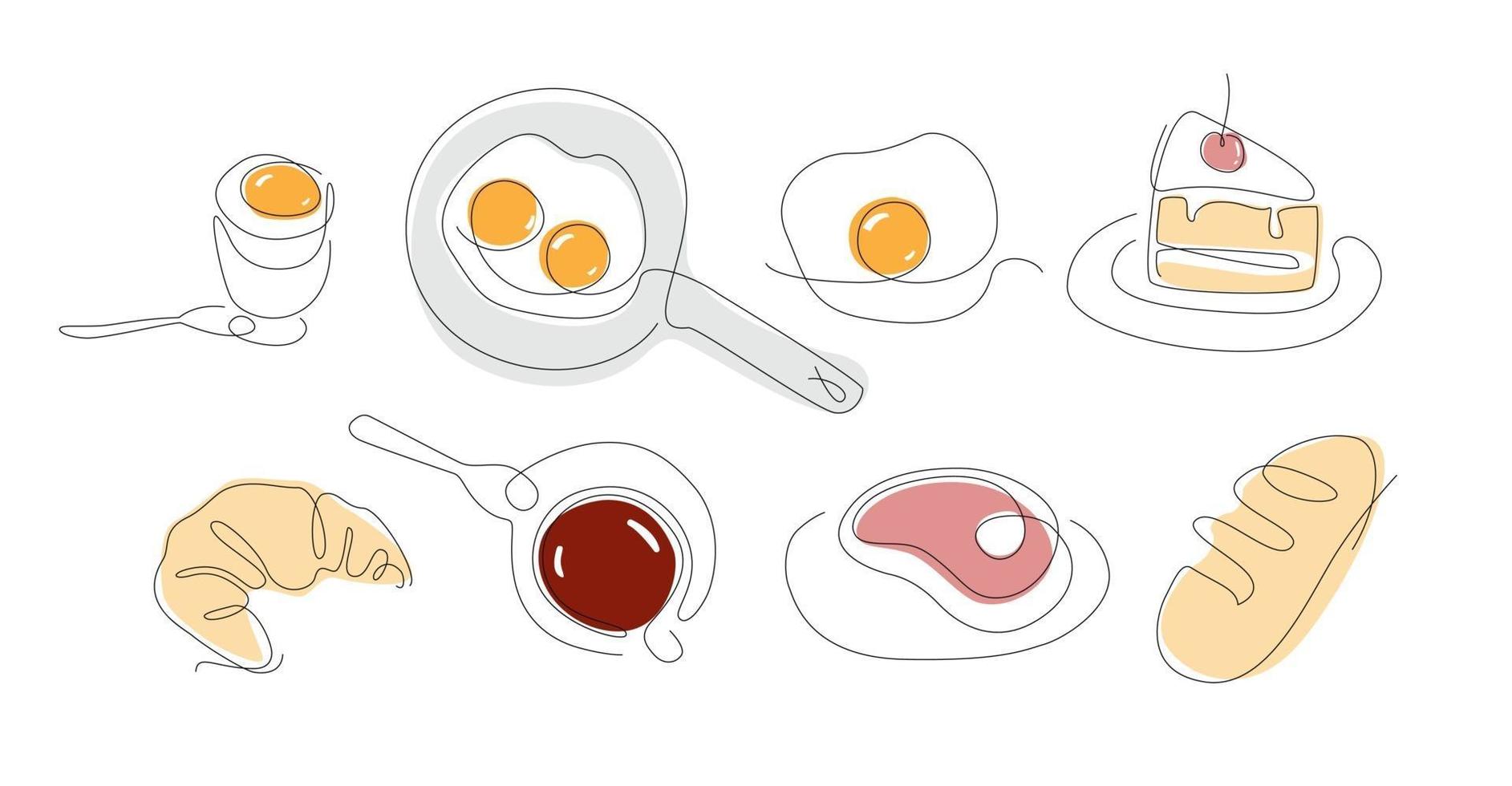 een lijn ontbijtset doorlopende lijn eten eieren croissant lijntekeningen vector