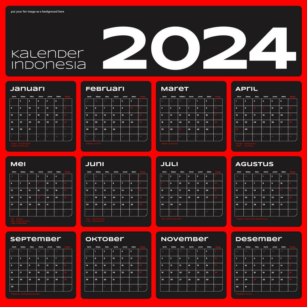 Indonesisch kalender 2024, kalender Indonesië 2024, klassiek maandelijks kalender voor 2024. kalender in de stijl van minimalistische plein vorm geven aan. weken begint Aan maandag vector