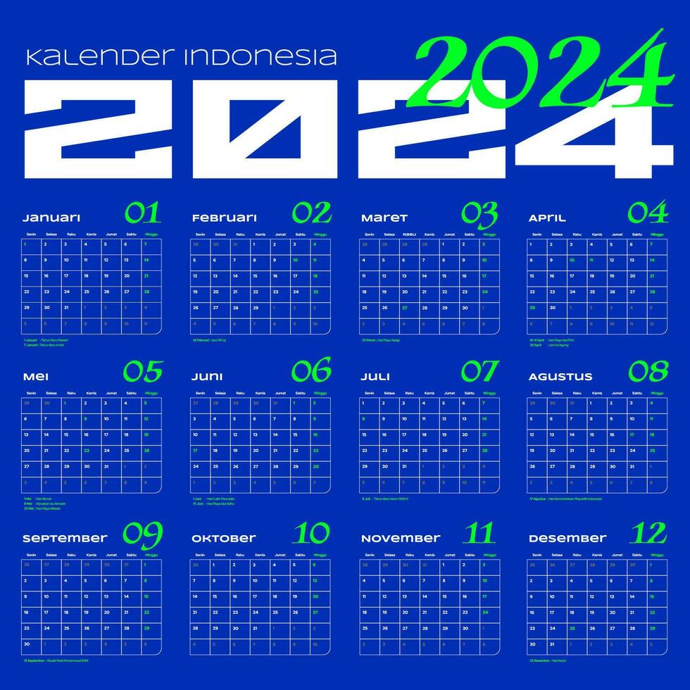 kalender Indonesië 2024, Indonesisch kalender 2024, y2k ontwerp, voor bedrijf of zakelijke ontwerp vector