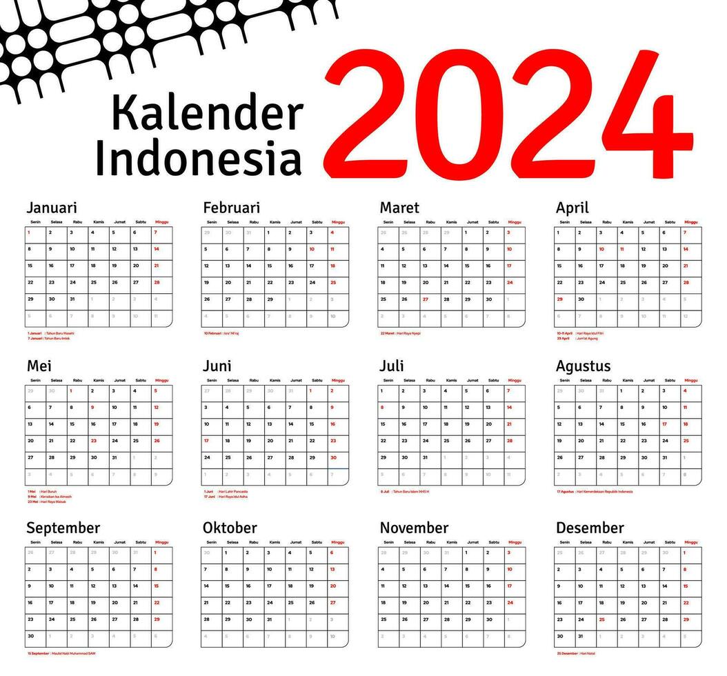 kalender Indonesië 2024, Indonesisch kalender 2024, y2k ontwerp, voor bedrijf of zakelijke ontwerp vector