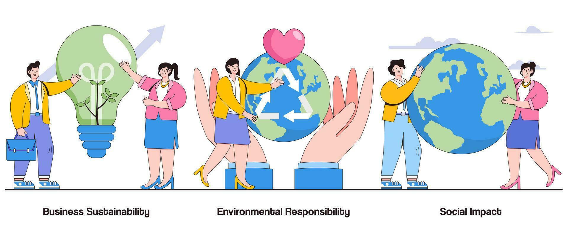 bedrijf duurzaamheid, milieu verantwoordelijkheid, sociaal gevolg concept met karakter. duurzame bedrijf praktijken abstract vector illustratie set. milieuvriendelijk initiatieven metafoor