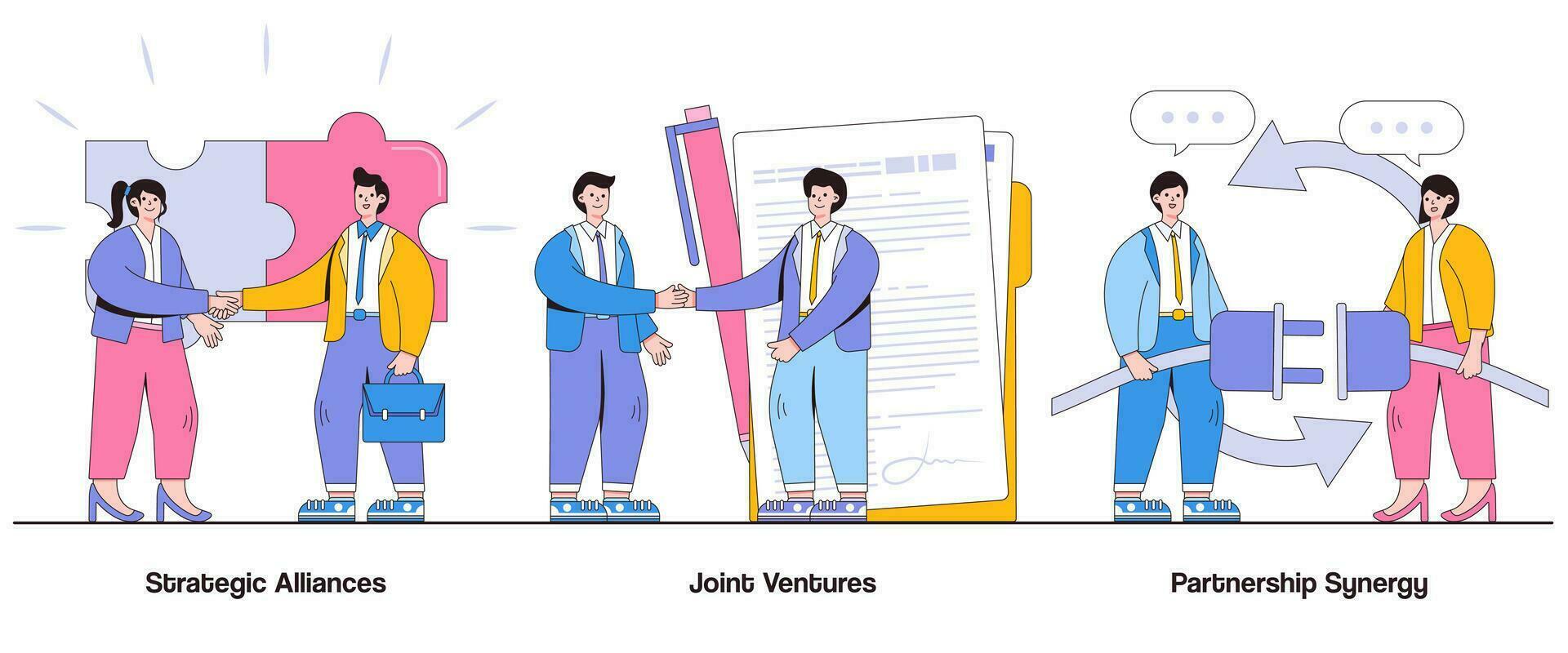 strategisch allianties, gewricht ondernemingen, vennootschap synergie concept met karakter. samenwerkend partnerschappen abstract vector illustratie set. gedeeld bronnen, wederzijds een uitkering, markt uitbreiding