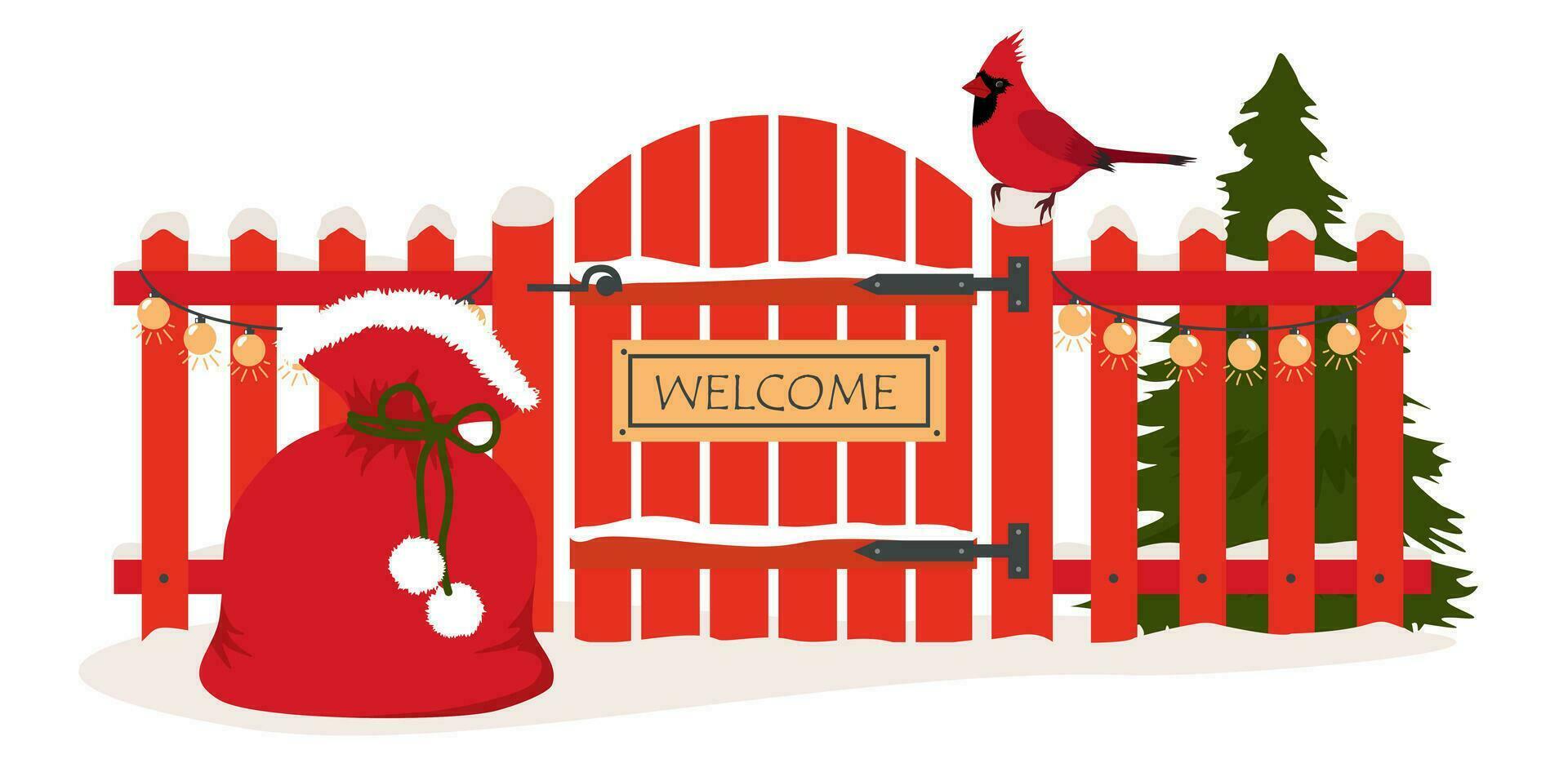 een rood boerderij hek met een kuif- vogel. Kerstmis land tafereel met schutting, Spar boom, santa's geschenk tas. winter landschap met schutting, vogel, spar, guirlande. geïsoleerd vector clip art.