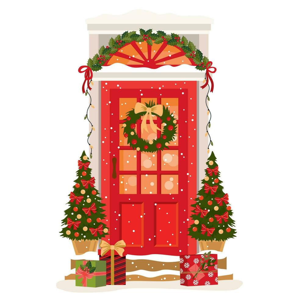 rood traditioneel Ingang deur met Kerstmis decoratie. voorkant deur met hulst, maretak, Kerstmis bomen, lauwerkrans. geïllustreerd vector clip art.