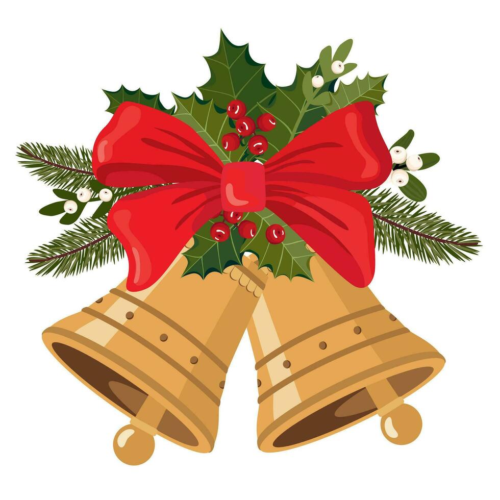 Kerstmis gouden klokken met een rood boog en een bundel van maretak, hulst, Spar takken. geïllustreerd vector clip art.