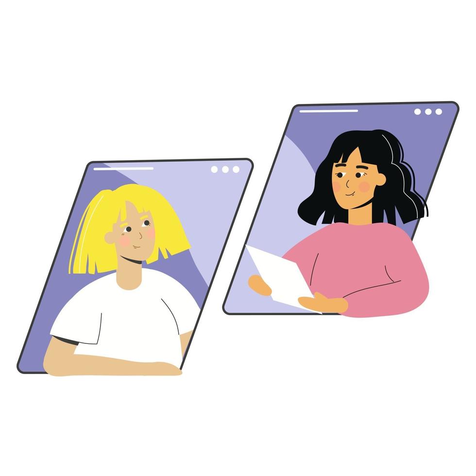 twee jonge vrouwen die online communiceren via videogesprek vector