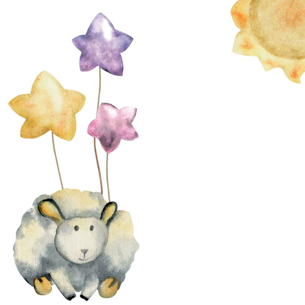 waterverf hand- getrokken illustratie, schattig weinig pluche baby schapen met ster ballonnen en zon. getextureerde effect. samenstelling geïsoleerd Aan wit achtergrond. voor kinderen, kinderen slaapkamer, kleding stof, linnengoed afdrukken vector