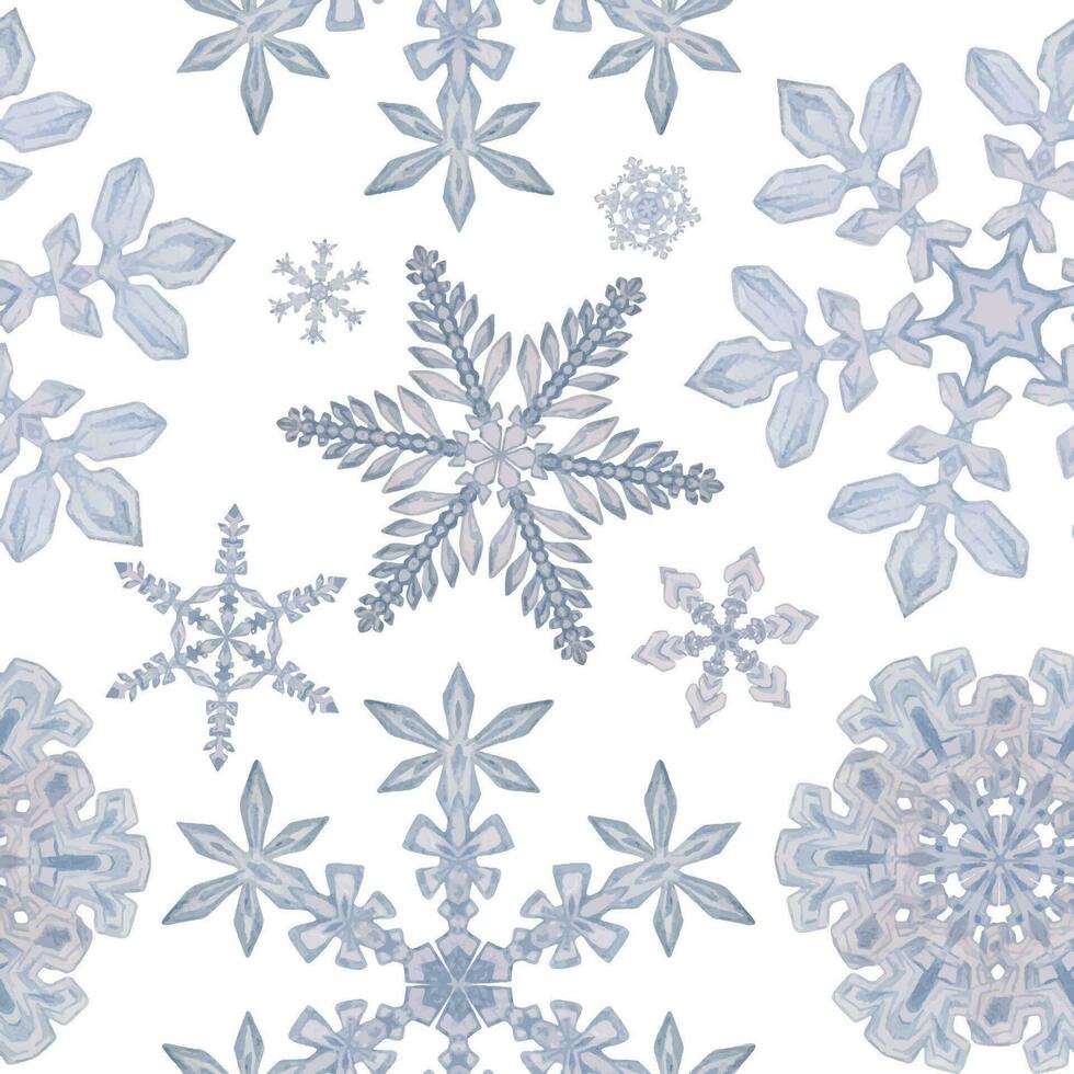 hand- getrokken waterverf sneeuwvlokken, blauw zilver water ijs Kristallen bevroren in winter. illustratie geïsoleerd naadloos patroon, wit achtergrond. ontwerp voor vakantie poster, afdrukken, website, kaart, uitnodiging vector