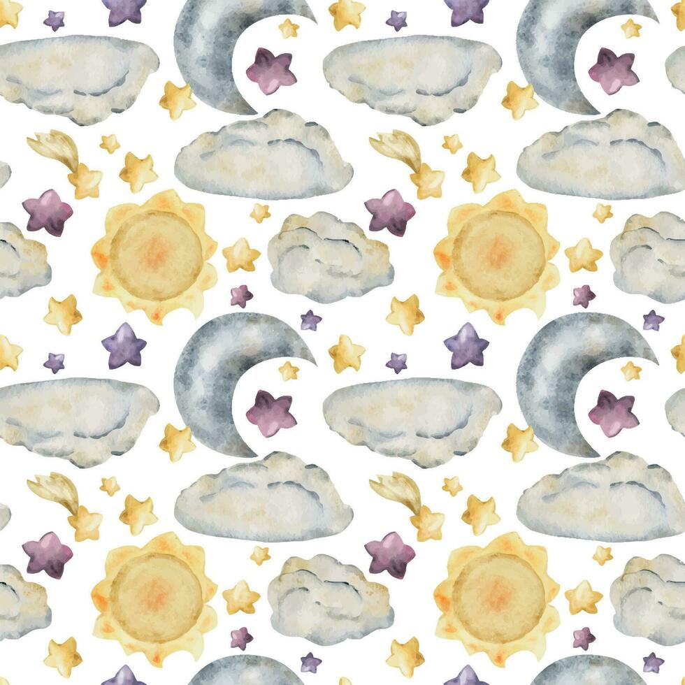 waterverf hand- getrokken illustratie, magisch kosmos universum artikelen, lucht zon sterren wolken maan komeet. naadloos patroon geïsoleerd Aan wit achtergrond. voor kinderen, kinderen slaapkamer, kleding stof, linnengoed afdrukken vector