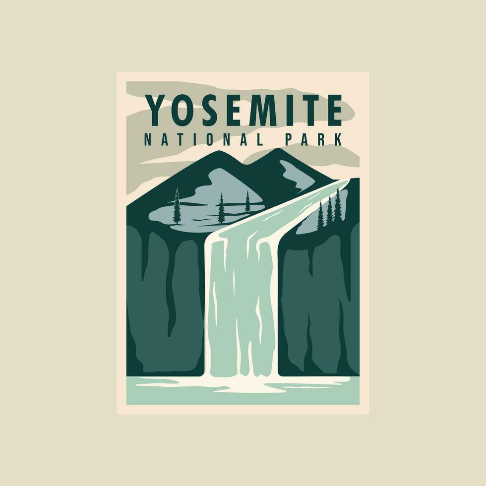 yosemite nationaal park poster vector illustratie sjabloon grafisch ontwerp. waterval in natuur met berg aangelegd banier en teken voor reizen en toerisme bedrijf concept