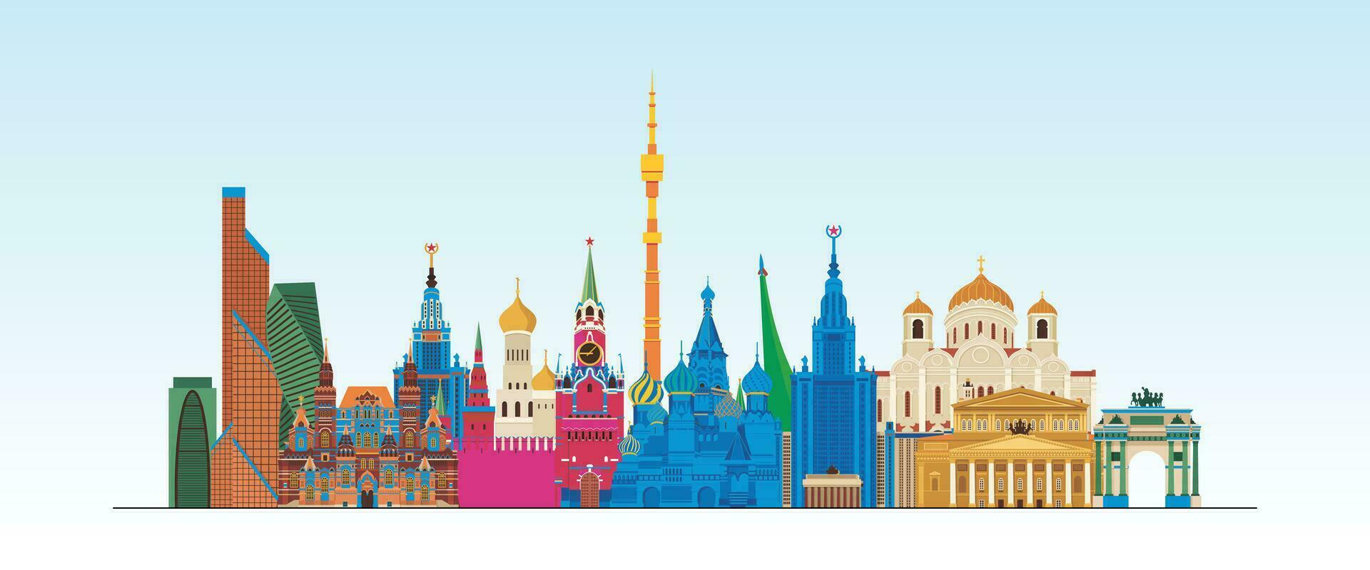 Rusland Moskou gedetailleerd horizon en mijlpaal, Europa beroemd reizen plaats kleurrijk gebouw en monument digitaal vector illustraties
