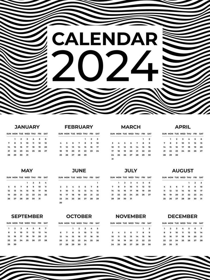 zwart en wit 2024 kalender ontwerp met golvend lijnen patroon vector