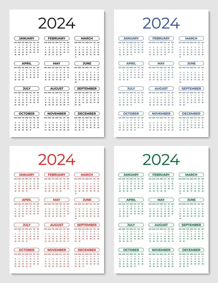 2024 jaarlijks kalender sjabloon met een wekelijks begin Aan zondag vector