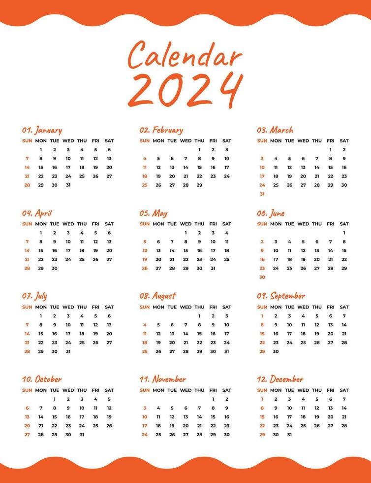 maandelijks kalender sjabloon voor 2024 met wekelijks begin Aan zondag vector