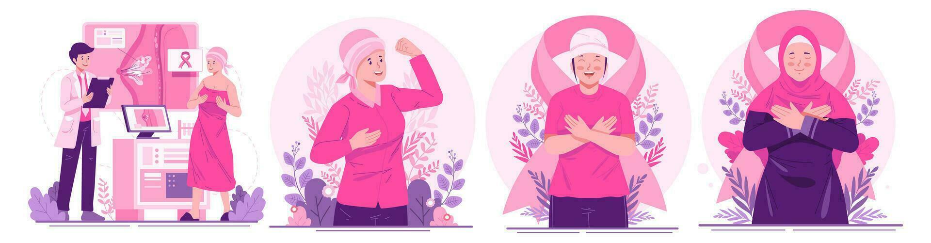 illustratie reeks van borst kanker bewustzijn maand. Dames met linten roze net zo een bezorgdheid en ondersteuning voor Dames met borst kanker vector