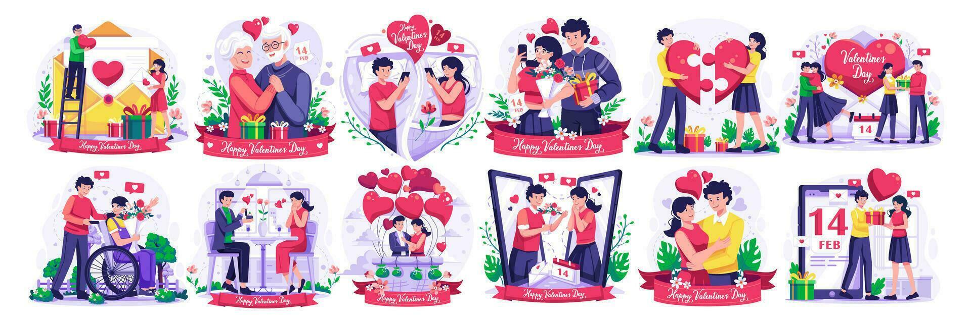 Valentijnsdag dag illustratie reeks met een romantisch paar vieren Valentijnsdag dag. online dating en virtueel verhoudingen. vector illustratie in vlak stijl