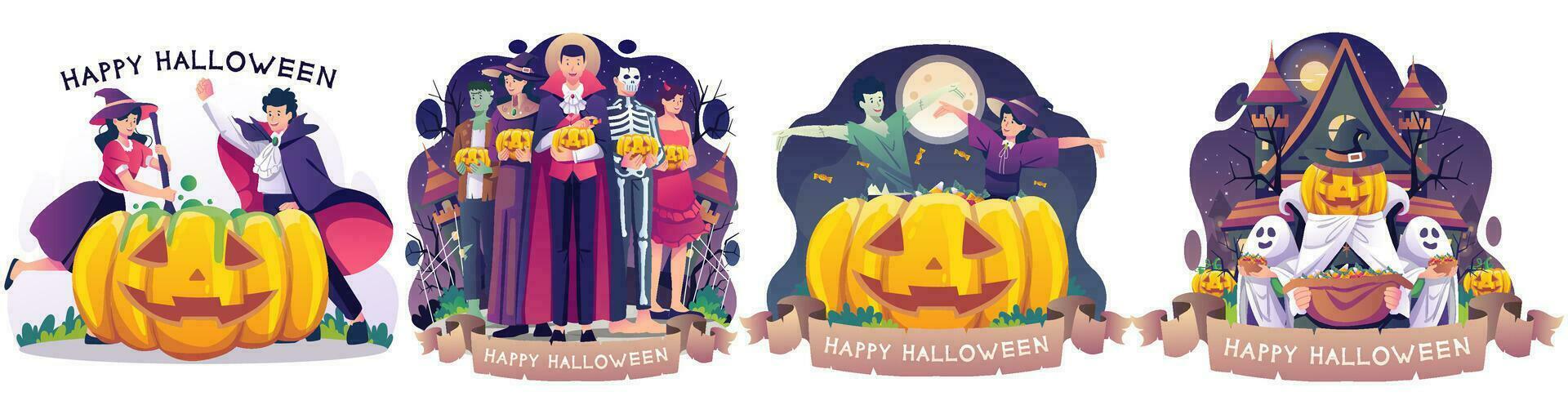 reeks van halloween concept illustratie met mensen in kostuums vieren halloween illustratie vector