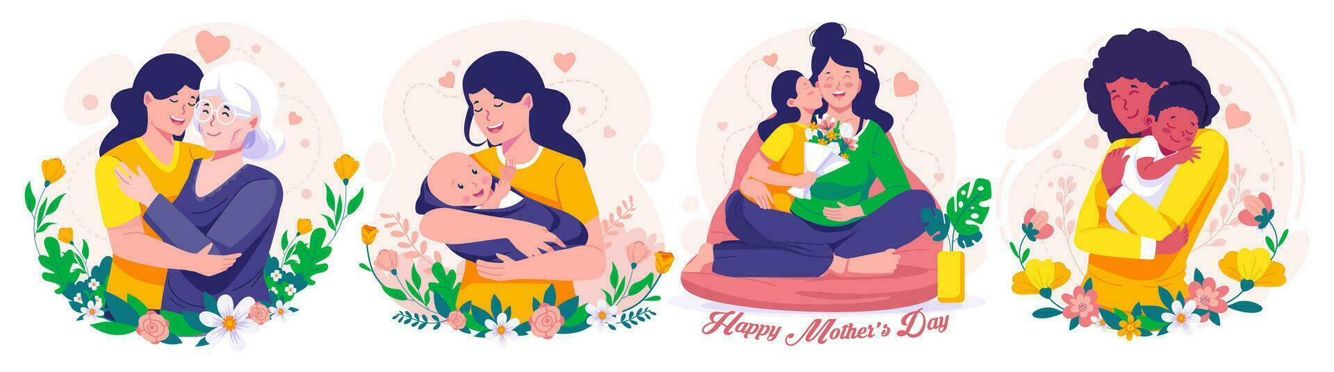 illustratie reeks van moeder dag. moeder, dochter, en zoon. moeder Holding baby in armen. moeder knuffelen haar dochter. vector illustratie