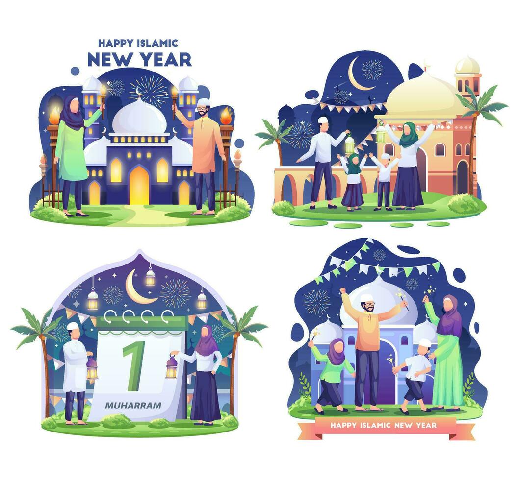 set bundel van moslimfamilie die islamitisch nieuwjaar viert met fakkelfestival. vector illustratie