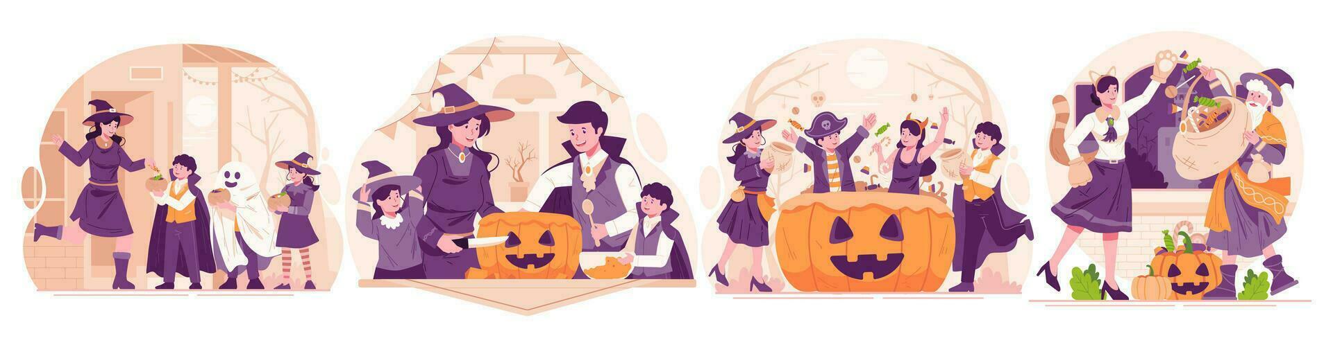 illustratie reeks van halloween. gelukkig mensen dressing omhoog in divers halloween kostuums vieren halloween. halloween partij en truc of traktatie concept vector