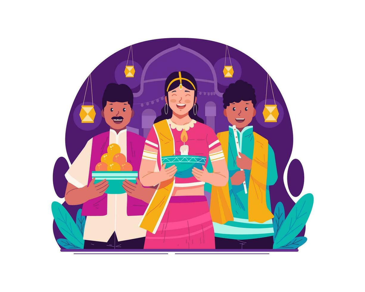gelukkig diwali hartelijk groeten. Indisch mensen in traditioneel kleding vieren diwali festival van lichten vector