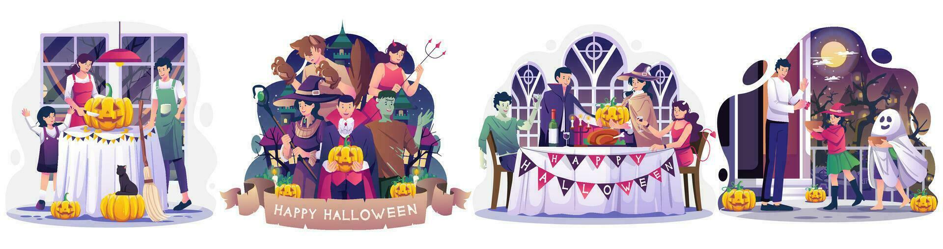 reeks van halloween concept illustratie met mensen in kostuums vieren halloween illustratie vector