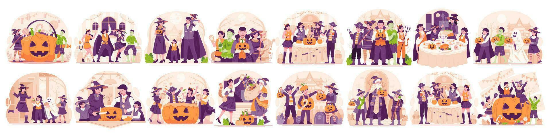illustratie reeks van halloween. gelukkig mensen dressing omhoog in divers halloween kostuums vieren halloween. halloween partij en truc of traktatie concept vector