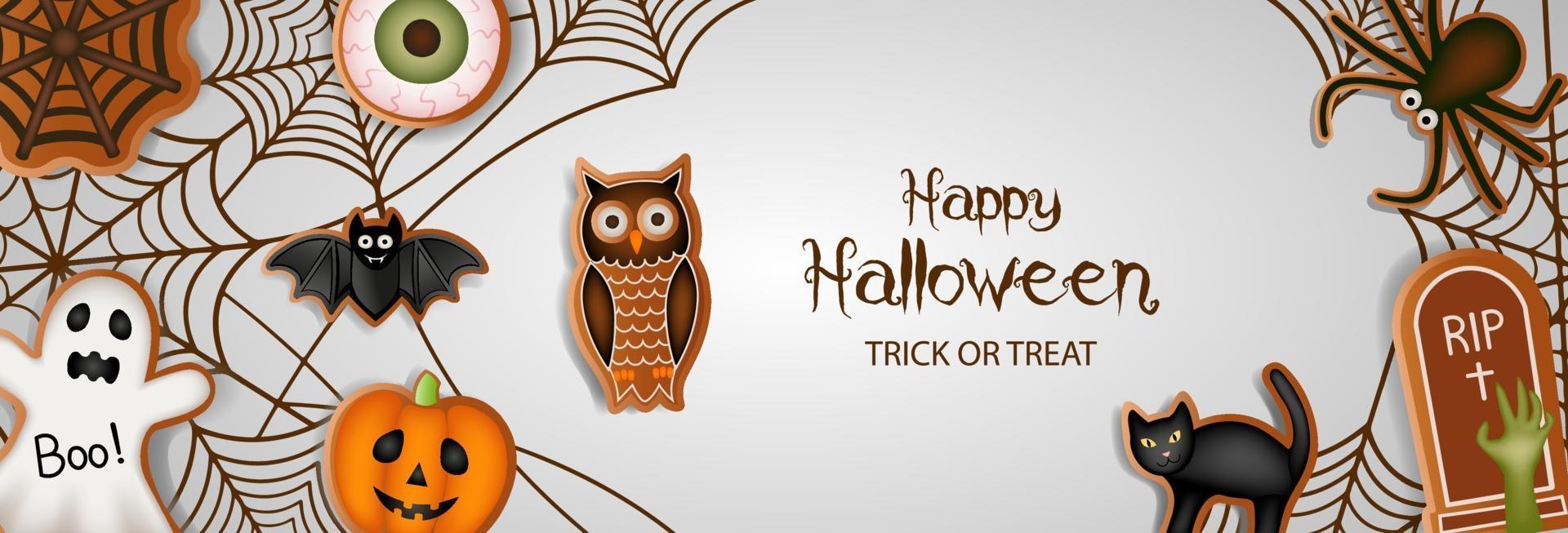 happy halloween-banner met peperkoekkoekjes en spinnenwebben vector