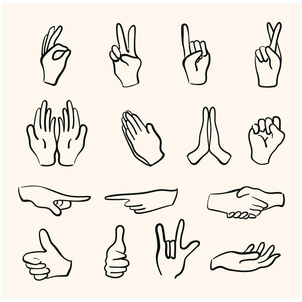 tekening lijn kunst hand- gebaren set. bewegingen zo net zo de OK gebaar, koel en vredevol, omklemd handen, smeekbede, richten links, Rechtsaf, kruispunt vingers, maken een vuist, opening de palm. vector