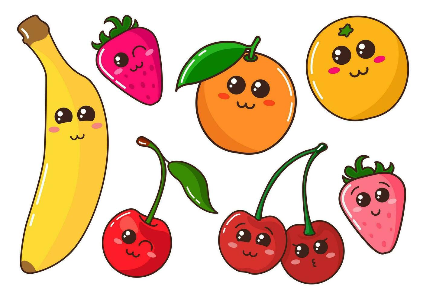 reeks van tekenfilm fruit en bessen in vlak stijl. geïsoleerd kleurrijk vector illustratie Aan wit achtergrond. verzameling van banaan, kers, oranje en aardbei met grappig emoties. voedsel emoji.