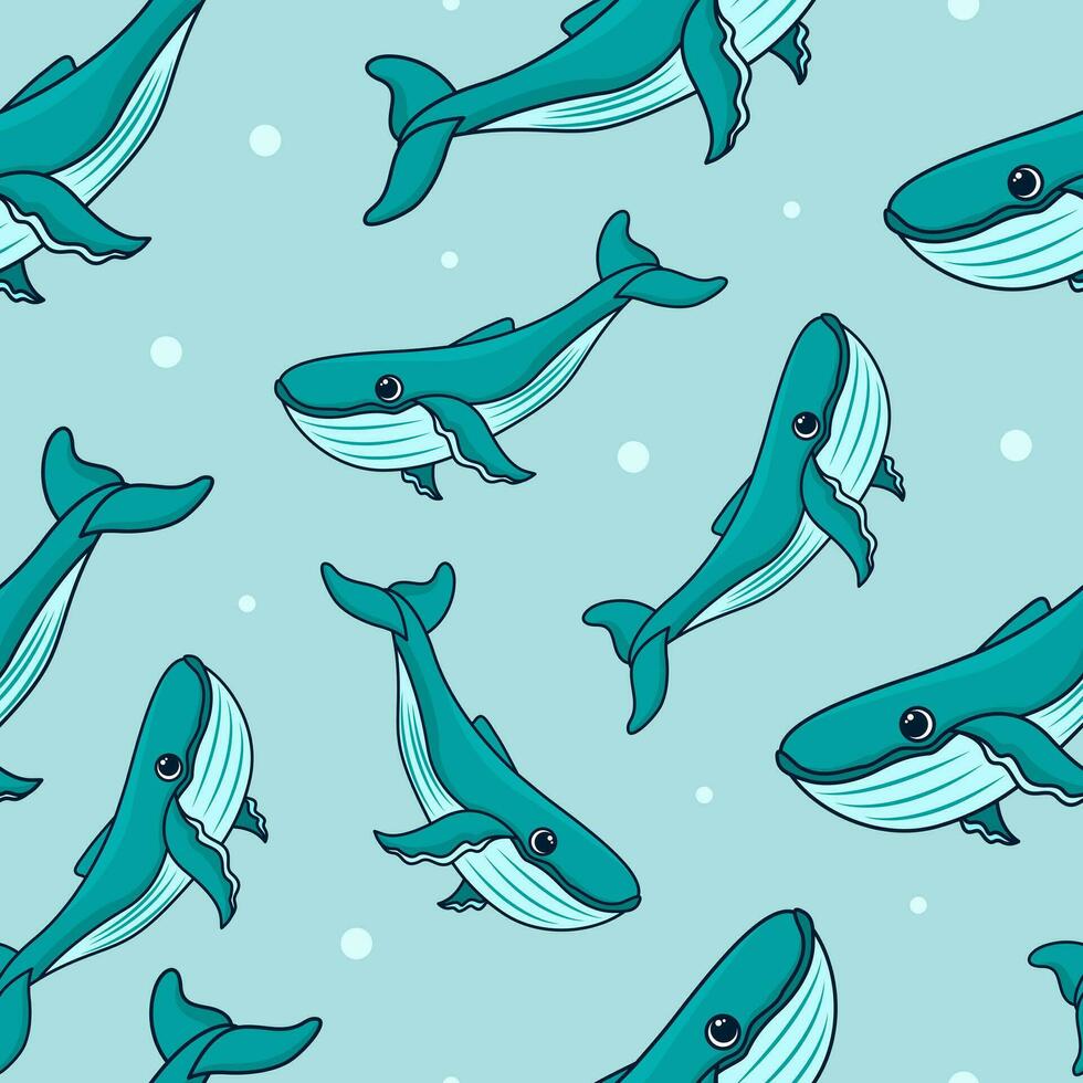 vector kleurrijk kinderachtig naadloos patroon met walvissen Aan blauw achtergrond. schattig tekenfilm walvis. patroon voor kinderen met marinier dieren. vlak stijl. vector ontwerp voor kleding stof, afdrukken, wikkel, textiel.