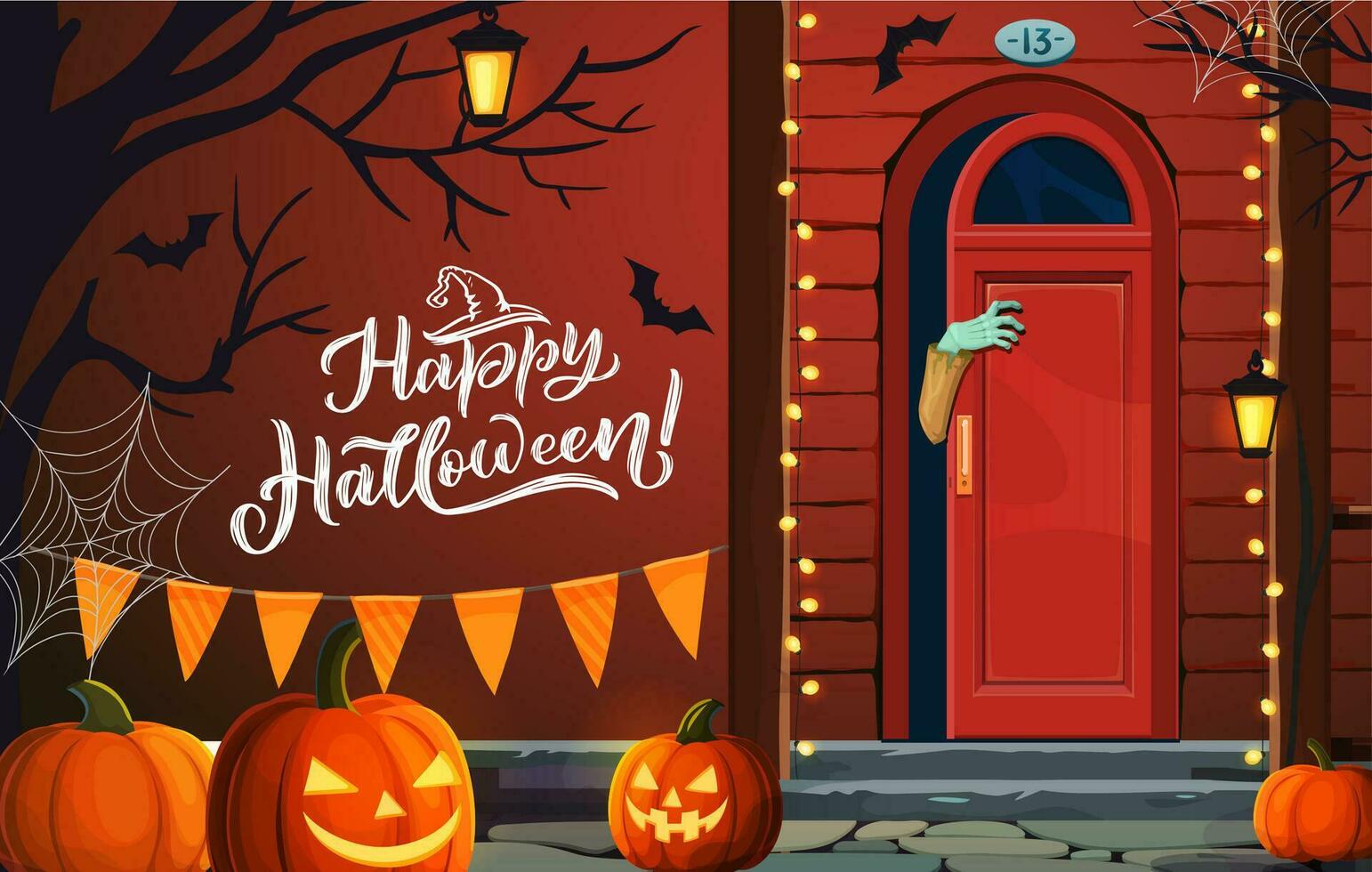 halloween veranda en deur met zombie hand, vector