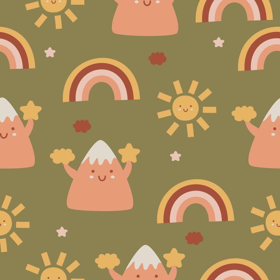 schattig naadloos baby patroon met berg, zon en regenboog vector illustratie