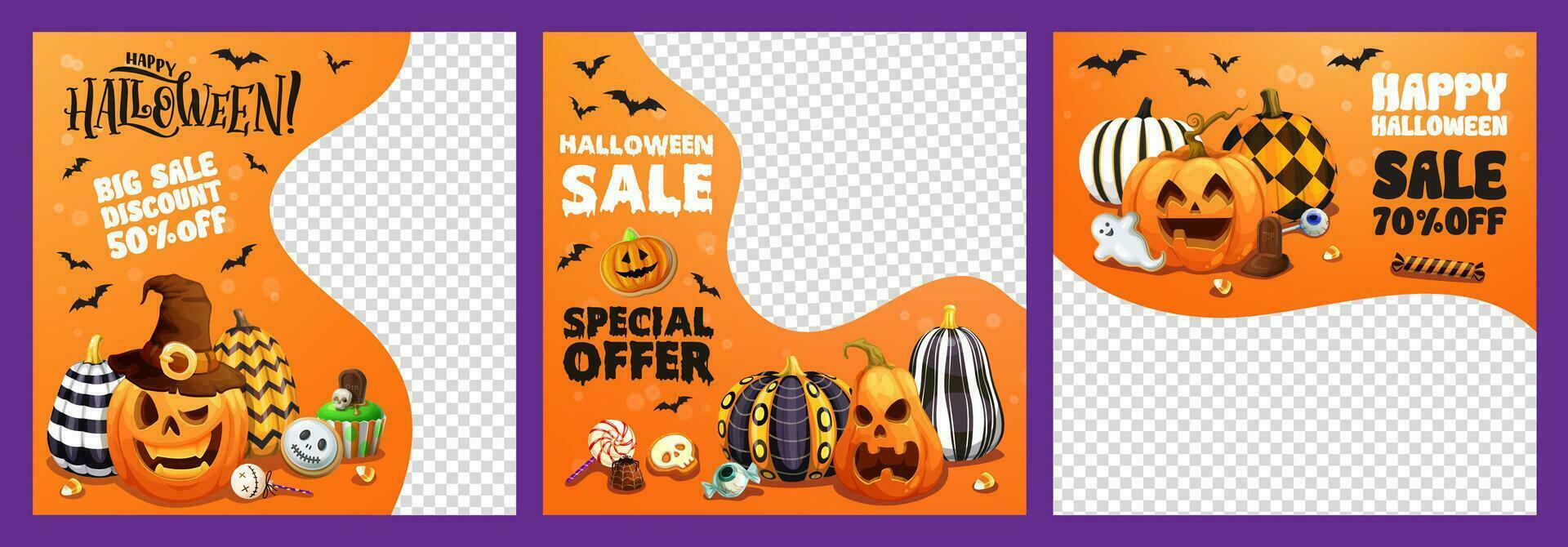 halloween uitverkoop banners met pompoenen en snoepjes vector