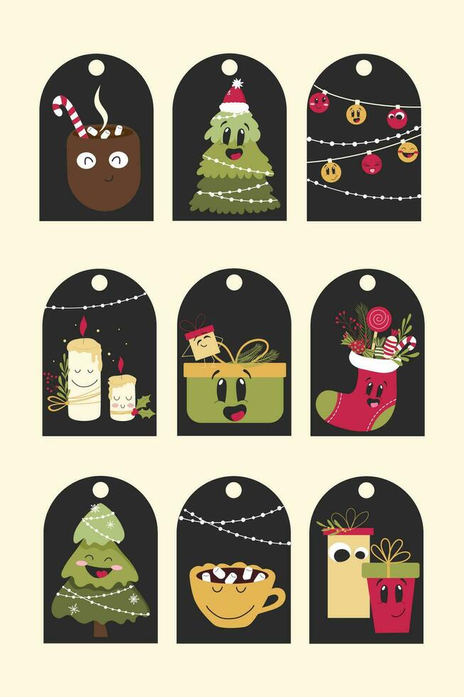 geschenk tags Aan donker achtergrond met gelukkig Kerstmis bomen, glimlachen geschenk dozen, schattig cacao kopjes, vredig kaarsen en slingers. vector