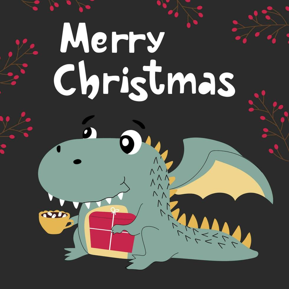 vrolijk Kerstmis groet kaart met schattig draak Holding geschenk doos en cacao beker. hand- getrokken vector ontwerp in tekenfilm stijl.