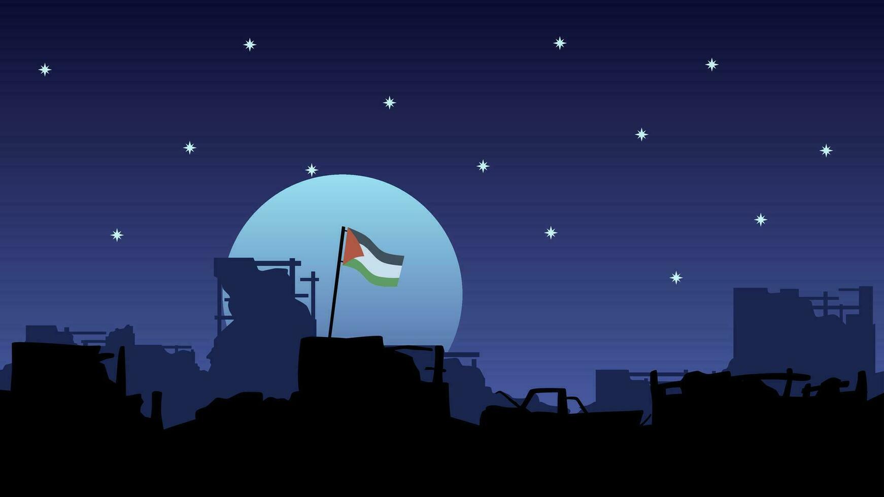 Palestijn conflict vector illustratie. de vernietigd stad in de nacht met golvend vlag van Palestina. landschap illustratie van oorlog voor sociaal problemen, nieuws, invasie en terrorisme