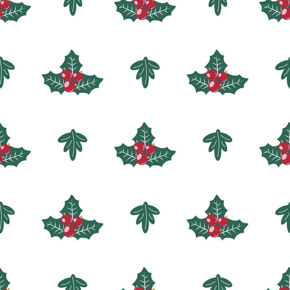 vector naadloos Kerstmis patroon met hulst, bessen en sneeuwvlokken, feestelijk nieuw jaar winter backdrop